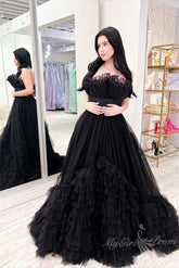 Black A-Line Strapless Layered Tulle Princess Prom Dress